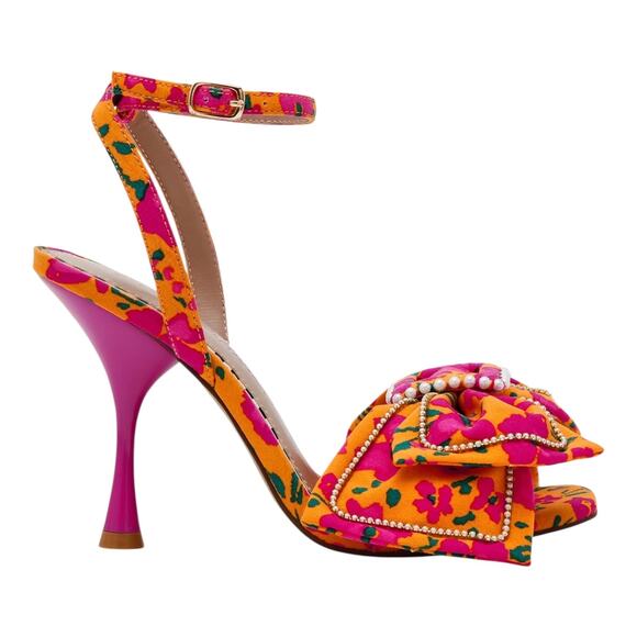 Betsey Johnson Women's Denly Bow Two Piece Stiletto Sandals Orange Floral Size 7 - Picture 2 of 4